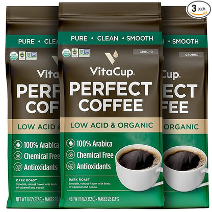 VitaCup Perfect Low Acid Coffee Ground, USDA Organic & Fair Trade, Mycotoxin Free, Dark Roast Guatemala Single Origin, Clean & Pure for Drip Coffee Brewers and French Press, 3 bags, 11oz each