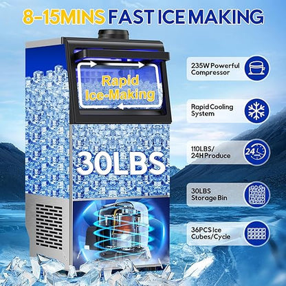 Commercial Ice Maker Machine, 110Lbs/24H, 30Lbs Storage, 36Pcs Clear Ice Cubes in 10-15Mins, Stainless Steel Under Counter or Freestanding Ice Machine - 2 Water Inlet Modes, for Home Party Office