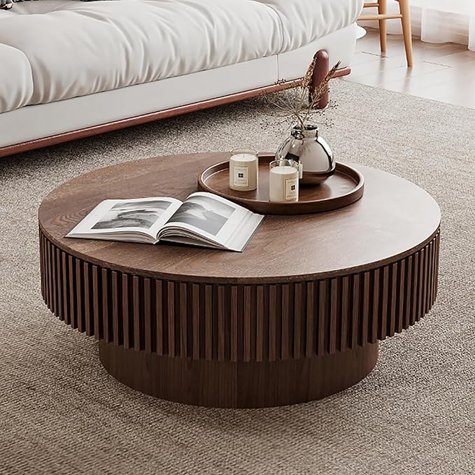 31.5 Inch Round Drum Coffee Table with Storage, Modern Handcraft Fluted Drum Coffee Table, Wooden Round Coffee Table Center Table with Sturdy Pedestal for Living Room Apartment (Walnut)