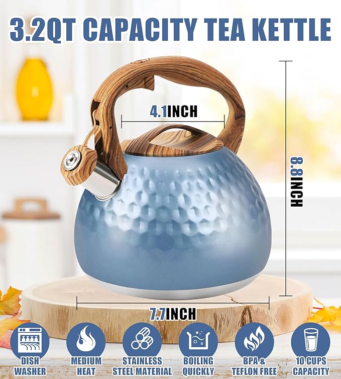 Stainless Steel Tea Kettle Blue, Teapot 3.2 Quart Whistling Tea Kettle, Tea Pots for Stove Top with Wood Pattern Handle, Gas Electric Applicable