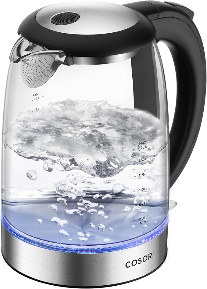 Cosori Electric Kettle, No Plastic Filter & Spout, 1.7L Tea Kettle & Hot Water Boiler For Coffee & Tea, Water Heater & Teapot, Automatic Shut Off, Borosilicate glass, Black, 1500W