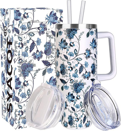 SYACOT 40 oz Tumbler with Handle and Straw Stainless Steel Insulated Tumbler Leak Proof Lid and Straw Lid Reusable Travel Mug Coffee Mug Cup Dishwasher Safe Keep Drinks Cold and Hot (Ceramics)