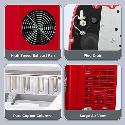 AGLUCKY Ice Makers Countertop with Self-Cleaning, 26lbs/24hrs, 9 Cubes Ready in 6 Mins, Portable Ice Machine with 2 Sizes Bullet Ice/Ice Scoop/Basket for Home/Kitchen/Office/Bar/Party, Red