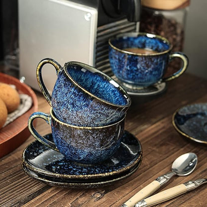 vicrays 6.5 oz Cappuccino Cups with Saucers, Set of 4, Ceramic Coffee Cup for Au Lait, Double shot, Latte, Cafe Mocha, Tea (Starry Blue)