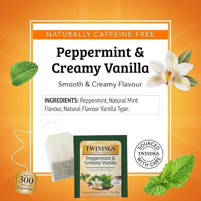 Twinings Peppermint & Creamy Vanilla Herbal Tea Individually Wrapped Bags, 20 Count (Pack of 1), Formerly Buttermint, Naturally Caffeine-Free, Enjoy Hot or Iced