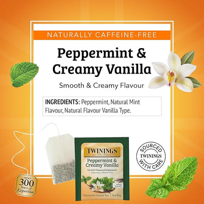 Twinings Peppermint & Creamy Vanilla Herbal Tea Individually Wrapped Bags, 20 Count (Pack of 1), Formerly Buttermint, Naturally Caffeine-Free, Enjoy Hot or Iced