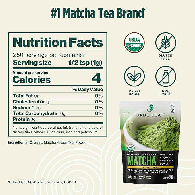 Jade Leaf Matcha Organic Premium Ceremonial Grade Matcha Green Tea Powder - Japanese - Culinary, Ingredient, Ceremonial Barista Teahouse, Latte, Collagen, 8.8 Ounce (Pack of 1), Culinary