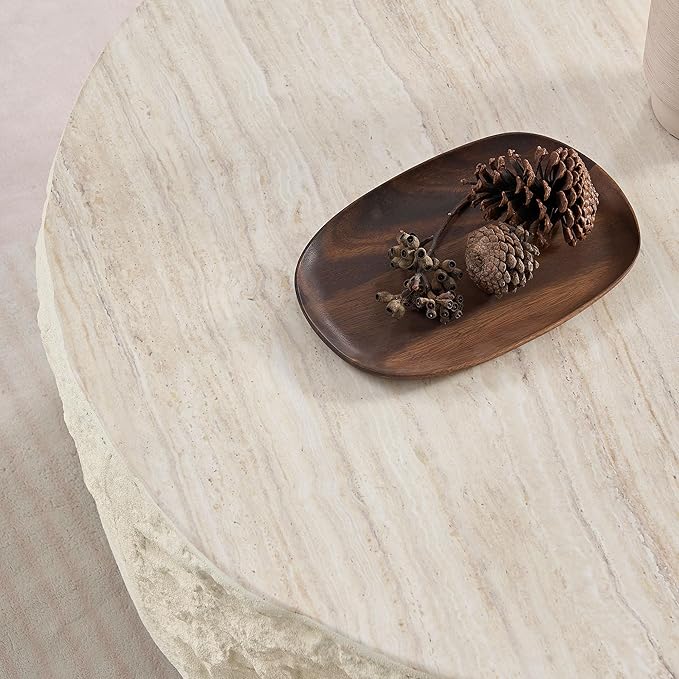 Faux Rock Coffee Table,Drum Coffee Table Fiberglass Round Tea Table for Living Room, Accent Imitation Stone Central Table No Need Assembly, Beige White