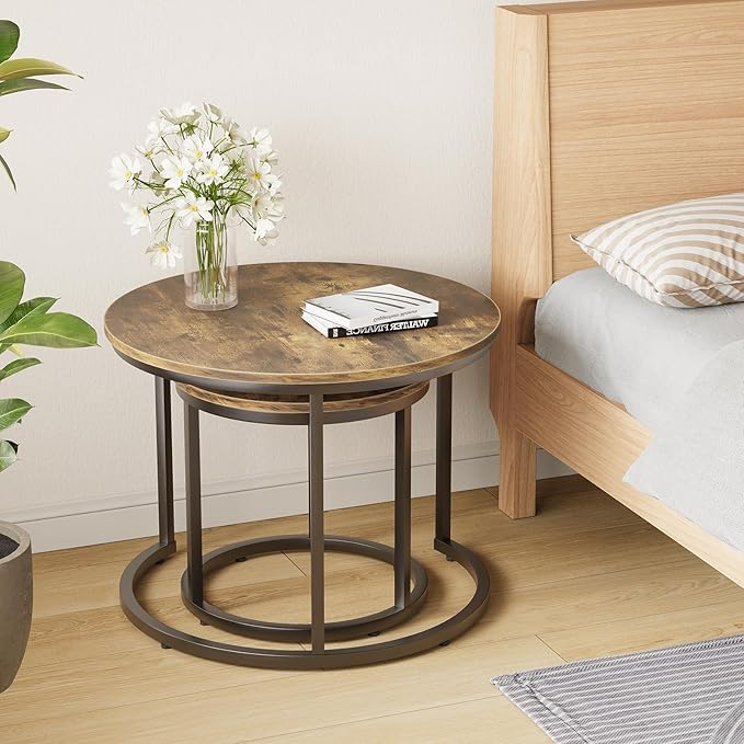 Smuxee Nesting Coffee Table Set of 2, 23.6" Round Coffee Table Rustic Wood Top with Adjustable Non-Slip Feet, Industrial End Table Side Tables for Living Room Bedroom Balcony Yard