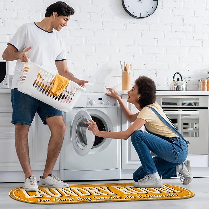 Ottomanson 20" x 59" Oval Laundry Room Rug - Non-Slip Mat for Laundry & Mudroom - Durable, Stain-Resistant, and Easy to Clean Perfect for High-Traffic Areas - Runner Rug for Entryway Bathroom, Yellow