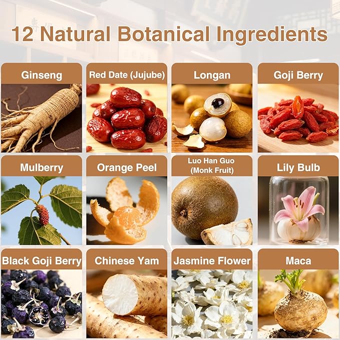 Premium Ginseng Tea - Natural Organic Kidney and Liver Detox Tea - 12 Herbal Blend with Goji Berry，Jujube, Longan, Mulberry & Maca - Caffeine & Sugar Free - 25 Individually Wrapped Pyramid Large Tea Bags (250g)