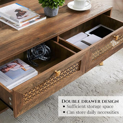 Mid Century Modern Coffee Table with Storage Drawers & Open Shelf, Solid Wooden Boho Rectangle Table with Metal Legs Designed for Living Room, Office, Lounge. Rustic Oak Color with Golden Decor
