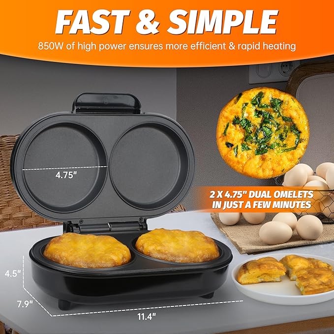Omelette Maker Electric, Omelette Pan Nonstick, Dual Omelette Makers with 2 x 4.75” Round Grooves, Egg Bite Maker, Electric Double Egg Pan, Mini Pancake Maker, Breakfast Sandwich Maker, Black