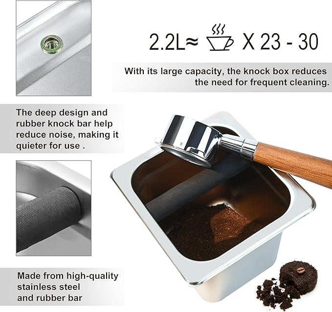 TECHSHARE Stainless Steel Knock Box, Square Espresso Knock Box, Large Capacity Coffee Knock Box, Easy to Clean Espresso Accessories for Home, Kitchen, Cafe, and More