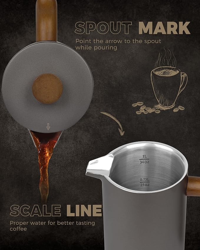 POLIVIAR French Press Coffee Maker, 34 Ounce Coffee Press with Real Wood Handle, Double Wall Insulation & Dual-Filter Screen, Food Grade Stainless Steel for Good Coffee and Tea (Cliff)