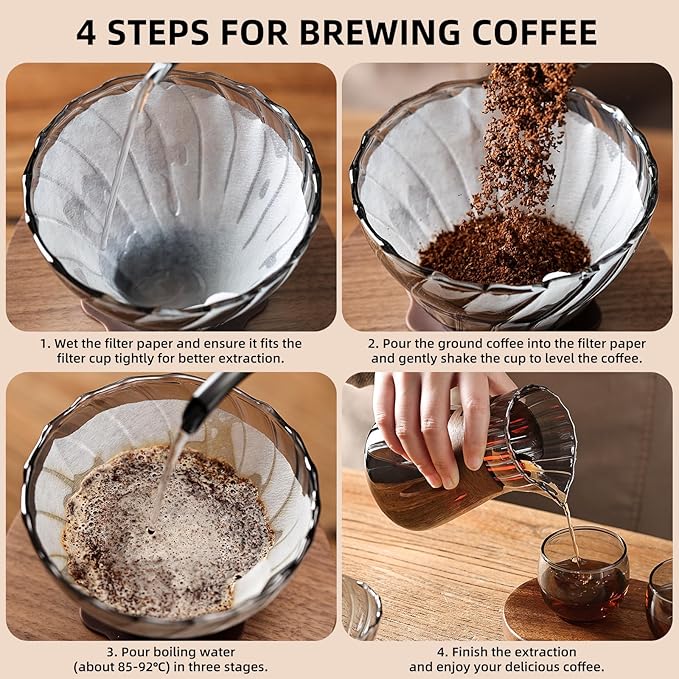 Bincoo Pour Over Coffee Maker Set - 500ML Glass Coffee Server Coffee Carafe with Walnut Dripper and 50PCS Paper Filter, Drip Coffee Maker Set for Home Café Restaurant