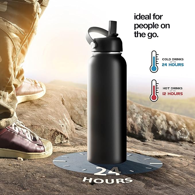 Stainless Steel Insulated Water Bottle and Travel Mug for Hot and Cold Beverages, Wide Mouth, Double Wall Insulated Hydration Sports Water Bottle for Hiking, Biking, Outdoor, 32 OZ BPA Free