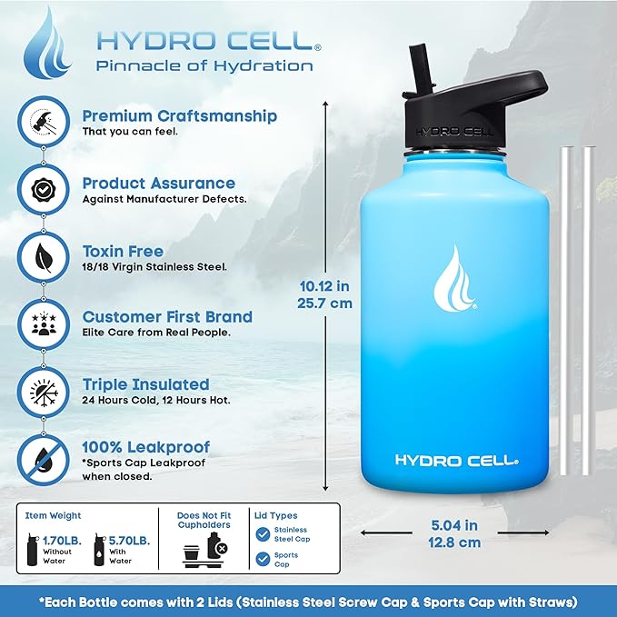 HYDRO CELL Stainless Steel Insulated Water Bottle with Straw - For Cold & Hot Drinks - Metal Vacuum Flask with Screw Cap and Modern Leakproof Sport Thermos for Adults (Sky/Blue 64oz)