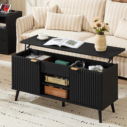 LEYAOYAO 48" Fluted Lift Top Coffee Table with Hidden Storage & Adjustable Shelves, Lifting Tabletop Large Rectangular Coffee Tables, Mid Century Modern Wood Center Table for Living Room,Black