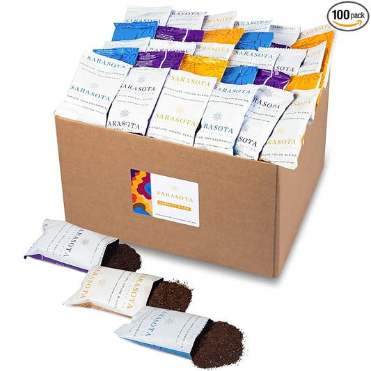 Coffee Packets & Coffee Packs Bulk Ground – Medium, Colombian & Dark Roast Variety Sampler, 1.75oz Pre-Measured Bags for 12-Cup Brewers, 100 Count