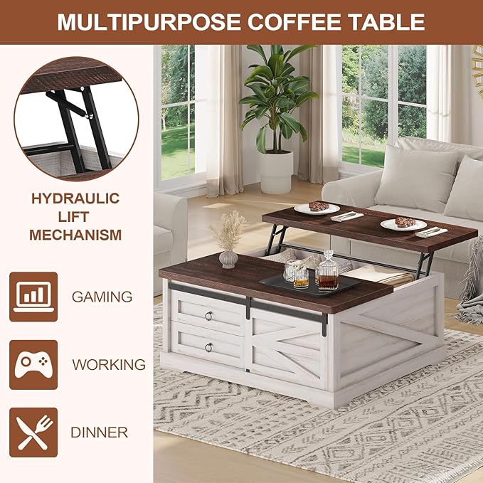 Itaar 39.4'' Lift Top Coffee Table with Storage, Farmhouse Coffee Tables for Living Room, Square Coffee Table with Large Hidden Compartment & 2 Drawers & Adjustable Shelves, White