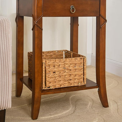 PADMA HOUSE Solid Wood End Table with Drawer & Shelf, Rectangle Sofa Side Table with Dual-Hourglass Tabletop Mid-Century Apartment Bedside Table for Living Room Bedroom,19.7 * 15.7 * 27.6in