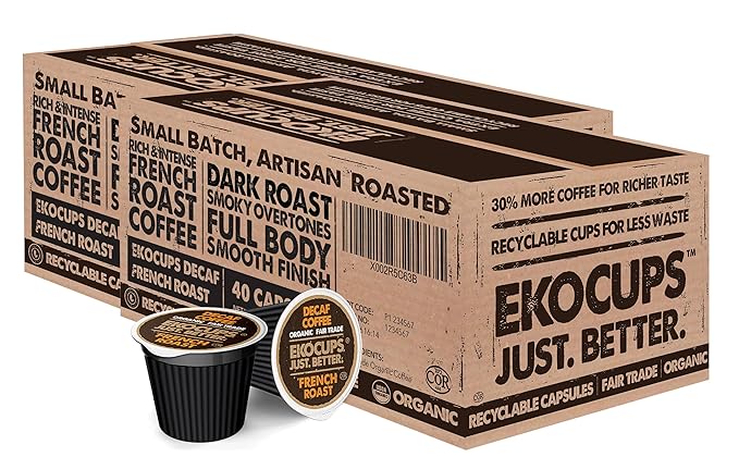 EKOCUPS Organic Swiss Water Decaf French Roast Coffee Pods, Extra 30% More Coffee Per Cup, Artisan Fair Trade Dark Roast, Decaf French Roast for Keurig K Cup Machines, Recyclable Pods, 80 Count