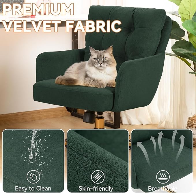 Flannel Office Chair, Comfy Home Office Desk Chairs with Lumbar Support, Modern Velvet Desk Chair Gold Legs Small Swivel Task Chair for Home Office, Bedroom, Study (Green, L)