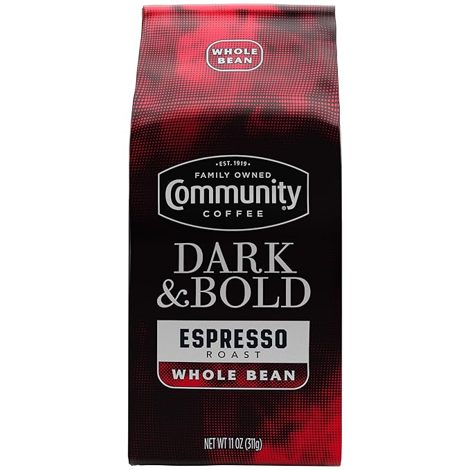 Community Coffee Dark & Bold Espresso Blend, Dark Roast Whole Bean Coffee, 11 Ounce Bag (Pack of 6)