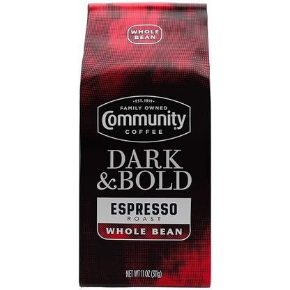 Community Coffee Dark & Bold Espresso Blend, Dark Roast Whole Bean Coffee, 11 Ounce Bag (Pack of 6)