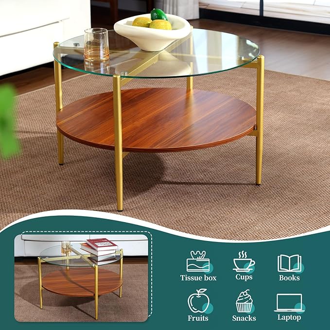 Round Glass and Wood Coffee Tables for Living Room, Mid Century Center Table with Clear Glass Top, Solid Brown Storage Shelf and Sturable Gold Legs for Small Space, Office, Department
