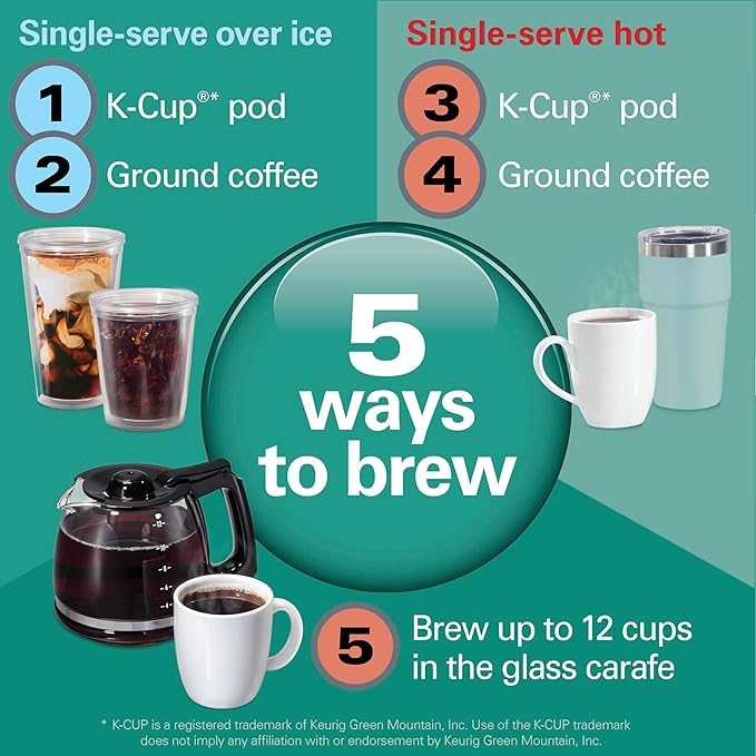 Hamilton Beach FlexBrew Advanced 5-in-1 Programmable 12 Cup Drip and Single Serve Hot & Iced Coffee Maker with Movable 60oz. Water Reservoir, Use Pod Packs and Grounds, Fast Brewing, Black (49924)
