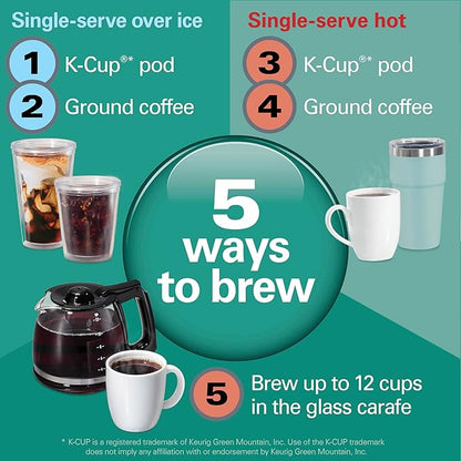 Hamilton Beach FlexBrew Advanced 5-in-1 Programmable 12 Cup Drip and Single Serve Hot & Iced Coffee Maker with Movable 60oz. Water Reservoir, Use Pod Packs and Grounds, Fast Brewing, Black (49924)