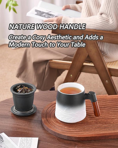 ZENS Tea Mug with Infuser and Lid for Loose Leaf Tea Steeper, 16.9oz Embossed Ceramic Tea Cup with Fine Tea Strainers, Wood Handle Large Diffusers Mugs for Tea Lovers Gifts