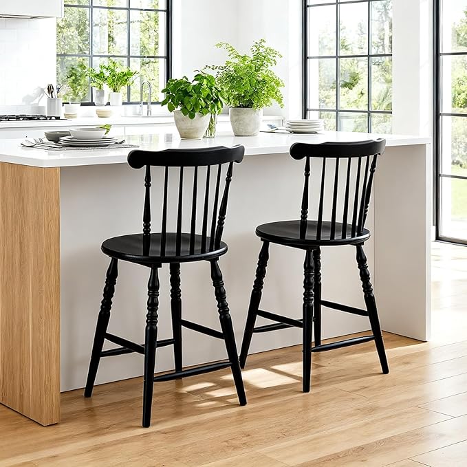 chairus 24" Black Windsor Counter Height Bar Stools Set of 2, Farmhouse Wooden Counter Stools with Spindle Back & Turned Legs, Rustic Vintage Colonial Bar Chairs for Kitchen Island
