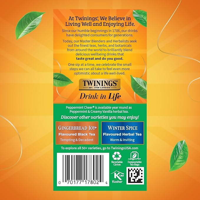 Twinings Peppermint Cheer Herbal Tea Individually Wrapped Bags, 20 Count (Pack of 6), Naturally Caffeine-Free, Peppermint & Vanilla, Enjoy Hot or Iced