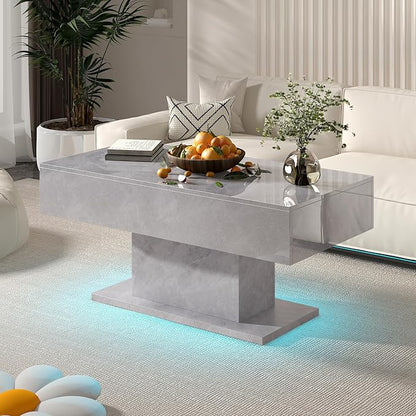 Grey Led Coffee Table with 2 Storage Drawers for Living Room, Living Room Table Rectangular Center Table, Modern High Glossy Wooden Coffee Tables with Lights for Dining Reception Room