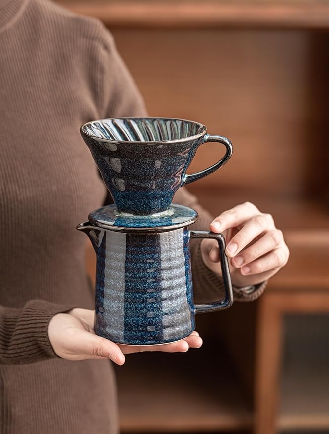 Pour Over Coffee Maker,Ceramic Coffee Maker With 40 pcs V60 Paper Filter，15oz/450ml Pour Over Coffee Dripper (Starry Blue, V02)