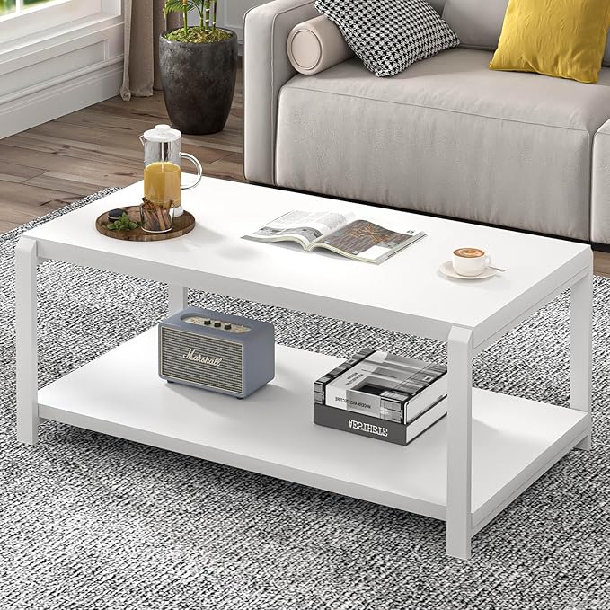 EXCEFUR White Coffee Table with Storage, Modern Center Table for Living Room, Rustic Wood and Metal Cocktail Tables, White Oak