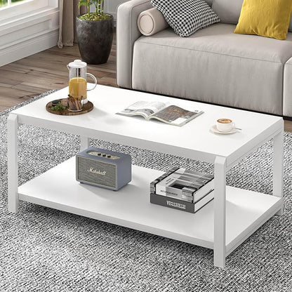 EXCEFUR White Coffee Table with Storage, Modern Center Table for Living Room, Rustic Wood and Metal Cocktail Tables, White Oak