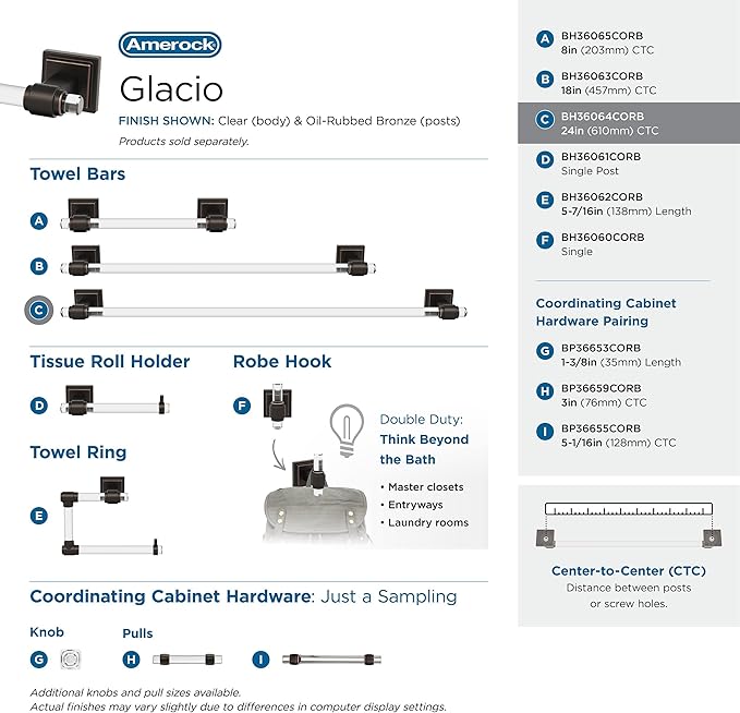 Amerock BH36064CORB | Clear/Oil-Rubbed Bronze Towel Bar | 24 in (610 mm) Towel Rack | Glacio | Bathroom Towel Holder | Bathroom Hardware | Bath Accessories