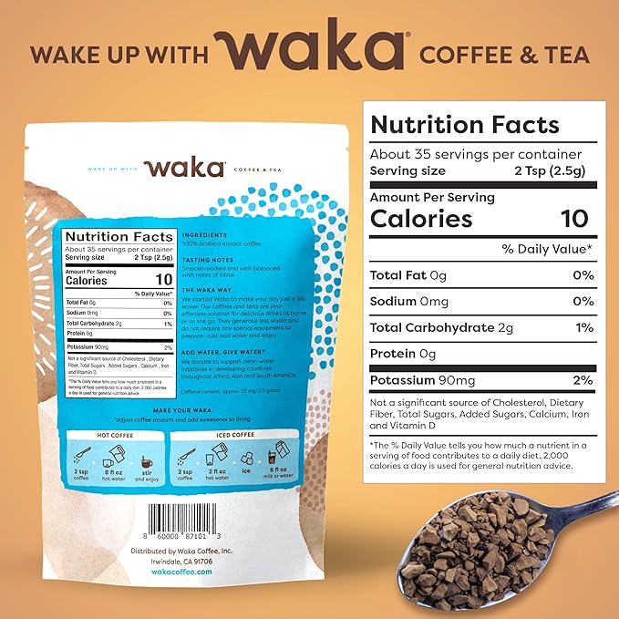 Waka Instant Coffee, Medium Roast - 100% Arabica Colombian Beans, Freeze Dried Granules, No Sugar or Additives - Bulk Bag for Quick Hot and Iced Coffees, Up to 35 Cups (3.5oz)