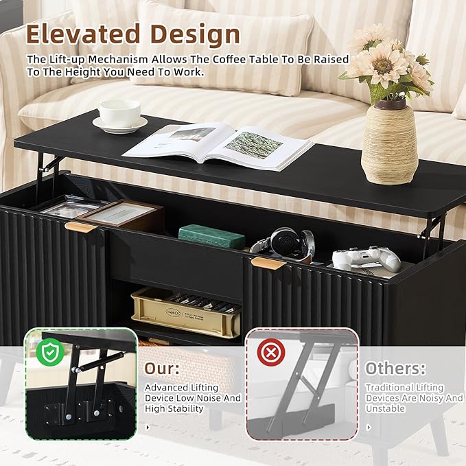 LEYAOYAO 48" Fluted Lift Top Coffee Table with Hidden Storage & Adjustable Shelves, Lifting Tabletop Large Rectangular Coffee Tables, Mid Century Modern Wood Center Table for Living Room,Black