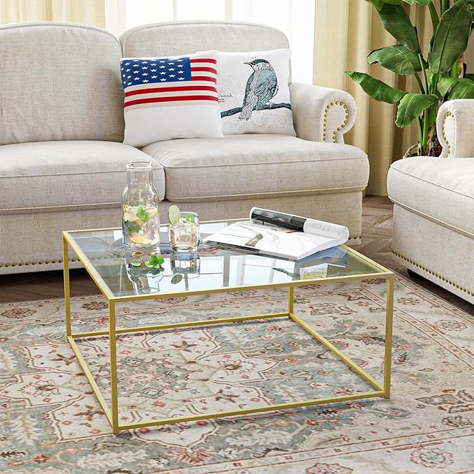 Glass Coffee Table Modern Center Table,Minimalist Coffee Table Sofa Side Tea Table for Living Room,Tempered Glass-top with Sturdy Metal Frame, Easy Assembly,26.4 x 26.4 x 15.7 Inches, Gold