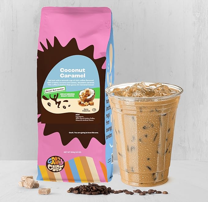 Crazy Cups Decaf Flavored Ground Coffee, Decaffeinated Coconut Caramel Coffee, For Brewing Flavored Hot or Iced Decaf Caramel Coffee, 10oz