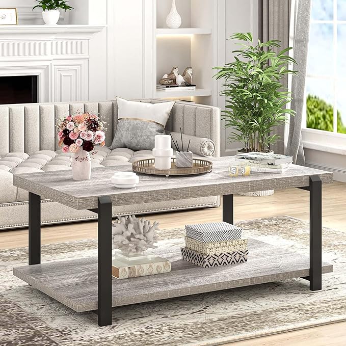 FOLUBAN Rustic Coffee Table, Modern Wood Center Table for Living Room, Industrial 2 Tier Rectangle Low Cocktail Tea Table with Storage Shelf, Light Grey