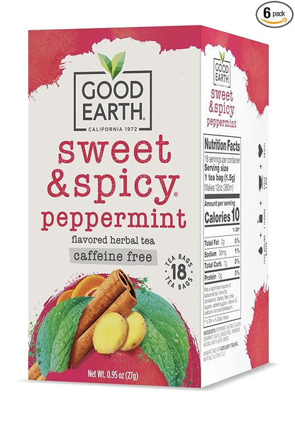 Good Earth Sweet & Spicy, Caffeine Free Peppermint Herbal Tea, Black 18 Tea Bags (Pack of 6)