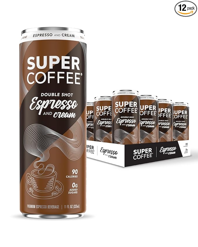 SUPER COFFEE Espresso, Iced Keto Coffee (0g Added Sugar, 90 Calories) [Espresso & Cream] 11 Fl Oz, 12 Pack | Iced Smart Coffee - SoyFree GlutenFree