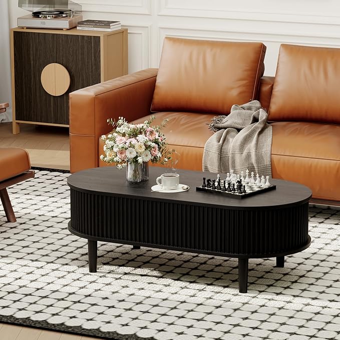 BREEZEHEAT Fluted Lift Top Coffee Table, 39" Black Modern Oval Coffee Table with Storage, Hidden Compartment & Fully Assembled Centre Table, Lift Tabletop for Living Room, Home Office, Small Space