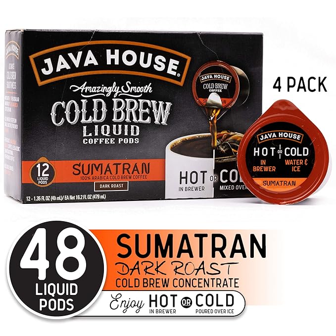 JAVA HOUSE Dark Roast Sumatran Cold Brew Pods, (48 Count) Peel and Pour Pods Hot or Iced Instant Coffee Concentrate